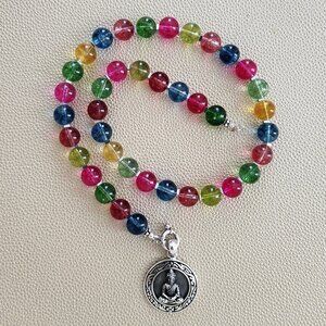 CRACKLE QUARTZ CRYSTAL NECKLACE W/ 925 BUDDHA--17.5"